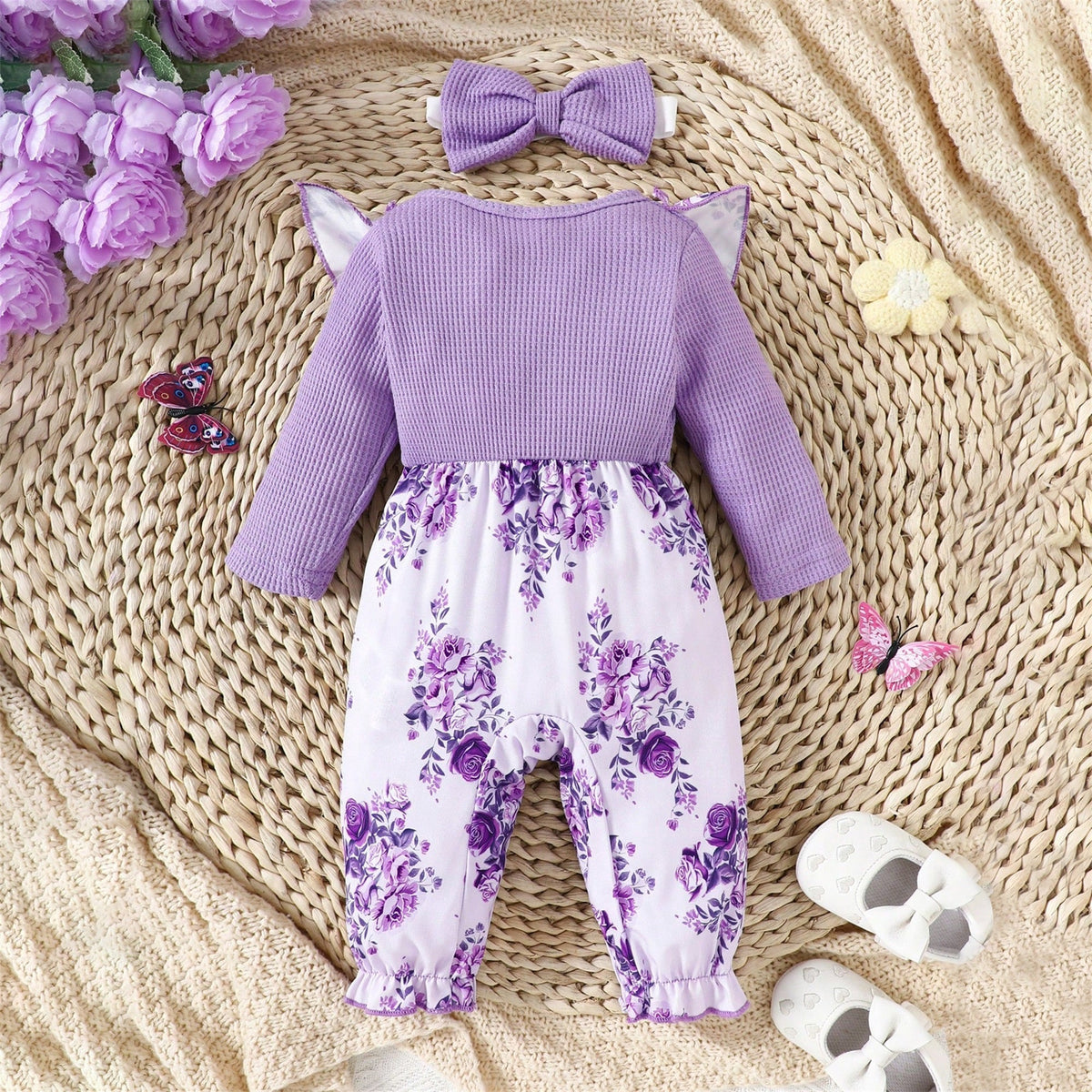 2PCS Elegant Floral Printed Bow Long Sleeve Baby Girl Jumpsuit