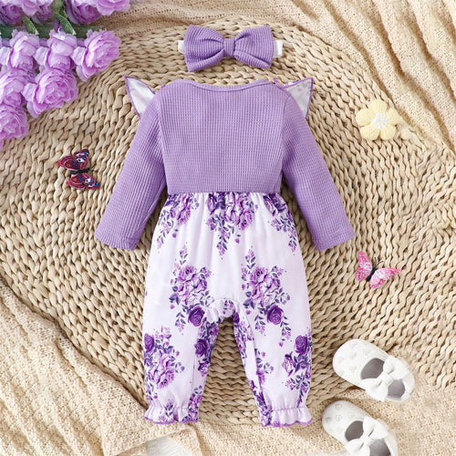 2PCS Elegant Floral Printed Bow Long Sleeve Baby Girl Jumpsuit