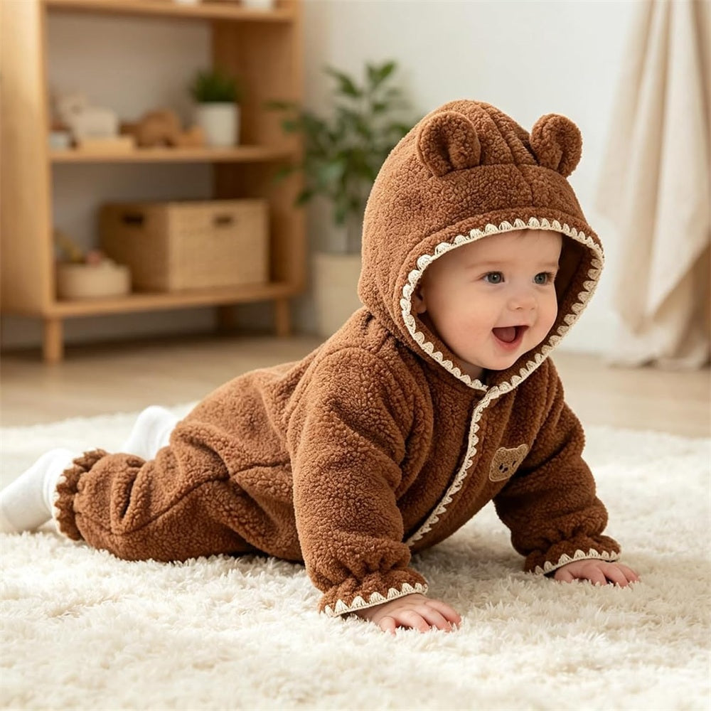 Lovely Fuzzy 3D Bear Applique Long Sleeve Baby Jumpsuit