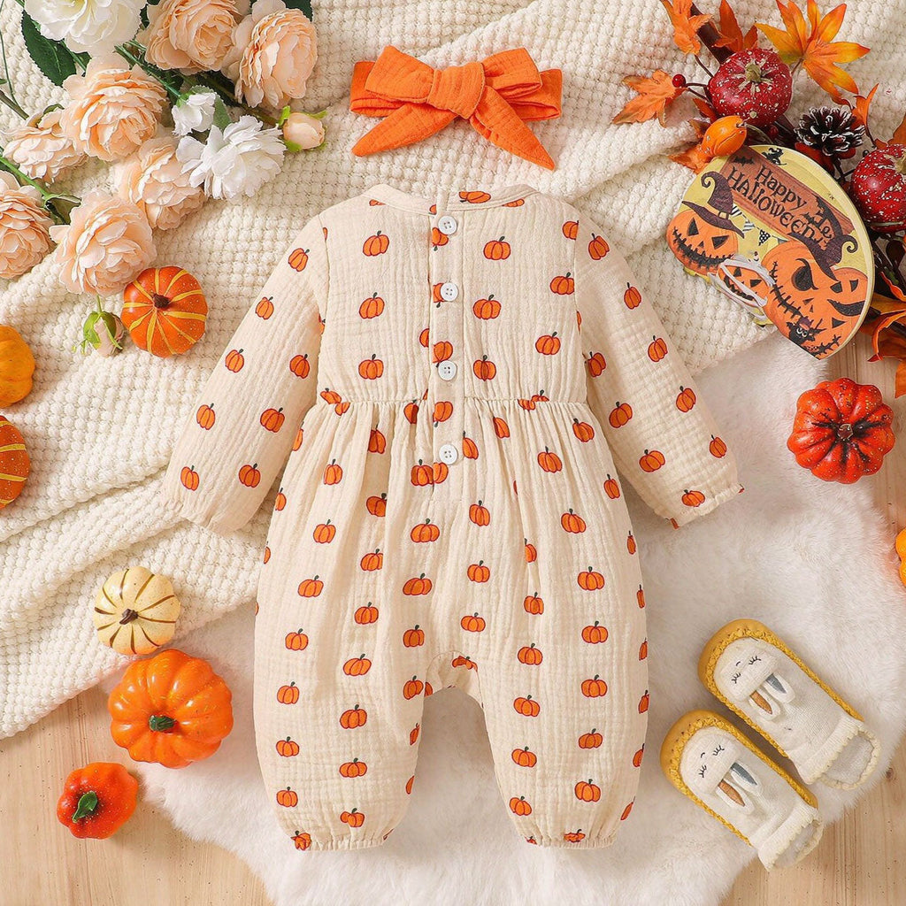 2PCS Sweet All-Over Pumpkin Print Long Sleeve Baby Jumpsuit