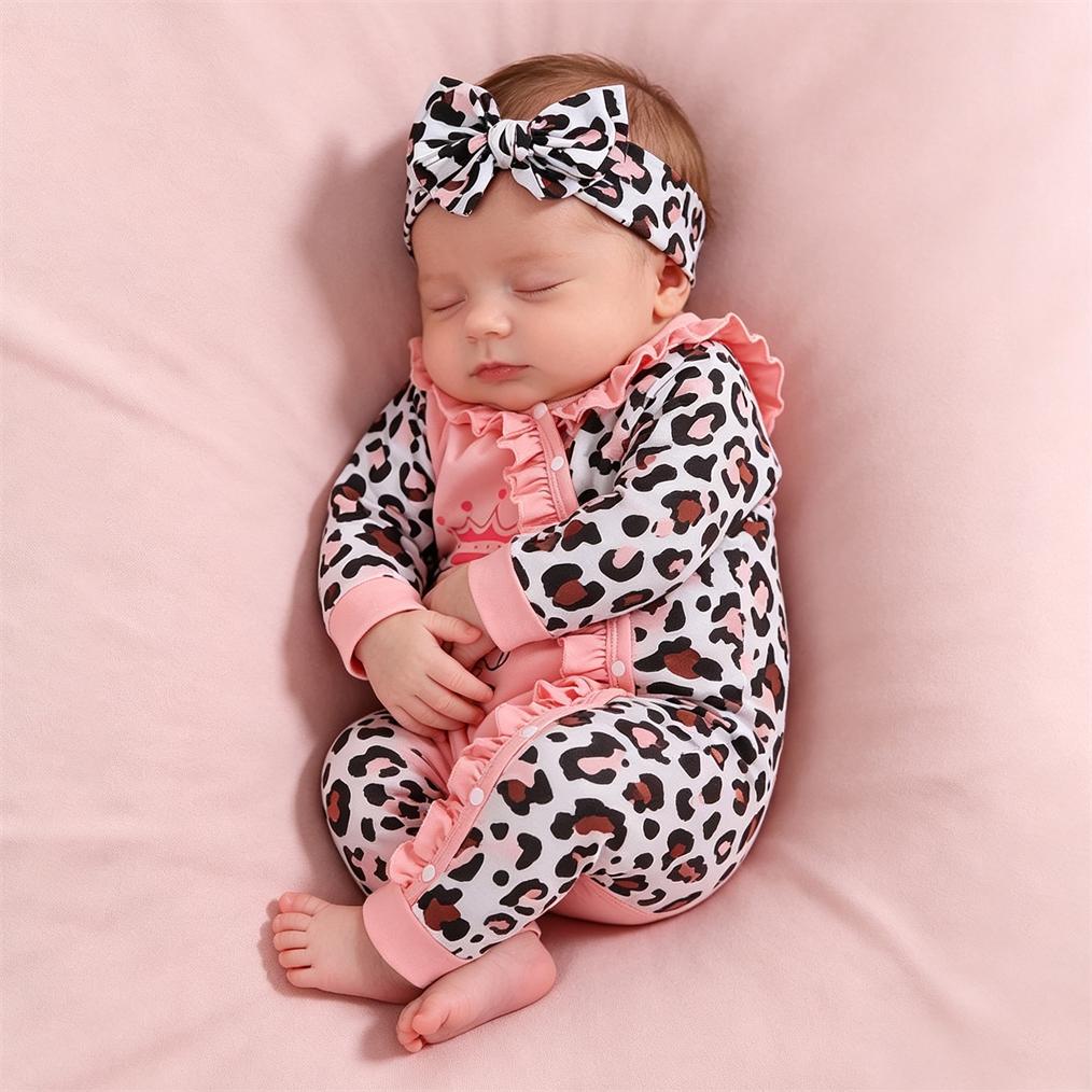 3PCS The Princess Letter Leopard Printed Long Sleeve Baby Jumpsuit