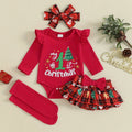 4PCS My 1st Christmas Letter Plaid Printed Long Sleeve Baby Set