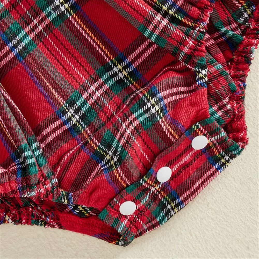 Merry Christmas Letter Santa Claus Embroidery Plaid Print Baby Romper