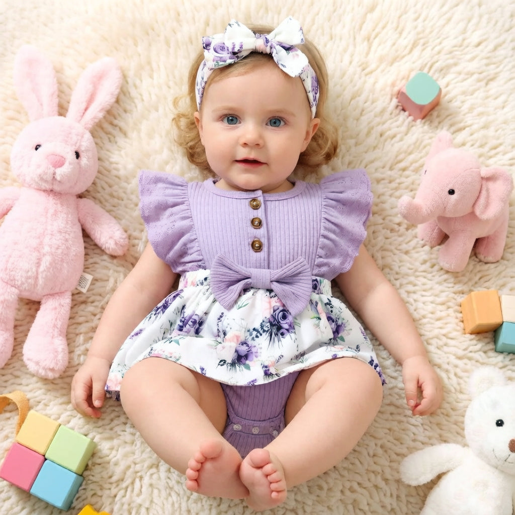 2PCS Cute Floral Printed Ruffled Sleeveless Baby Romper