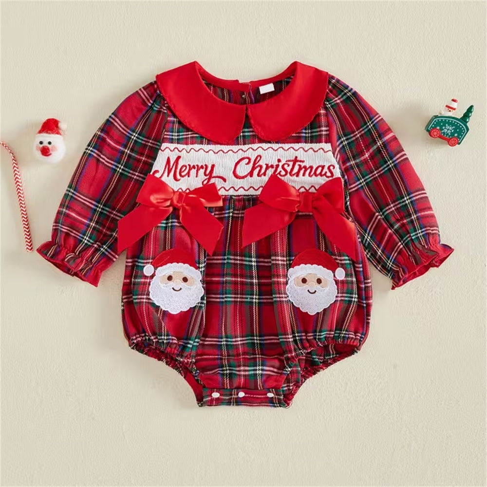 Merry Christmas Letter Santa Claus Embroidery Plaid Print Baby Romper