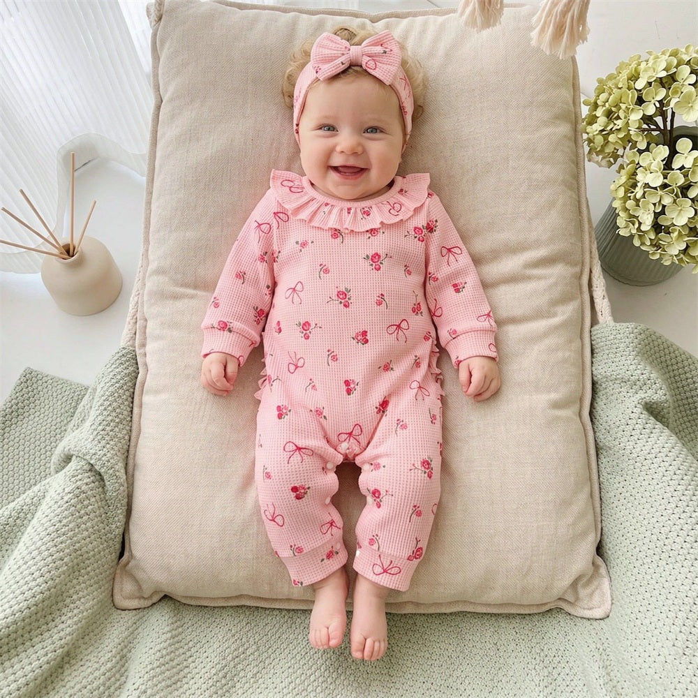 2PCS Sweet Floral Bow Printed Long Sleeve Baby Jumpsuit