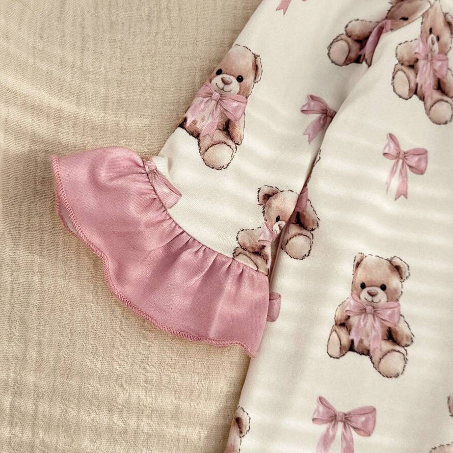 2PCS Gorgeous Bear Print Ruffle Zipper Baby Jumpsuit
