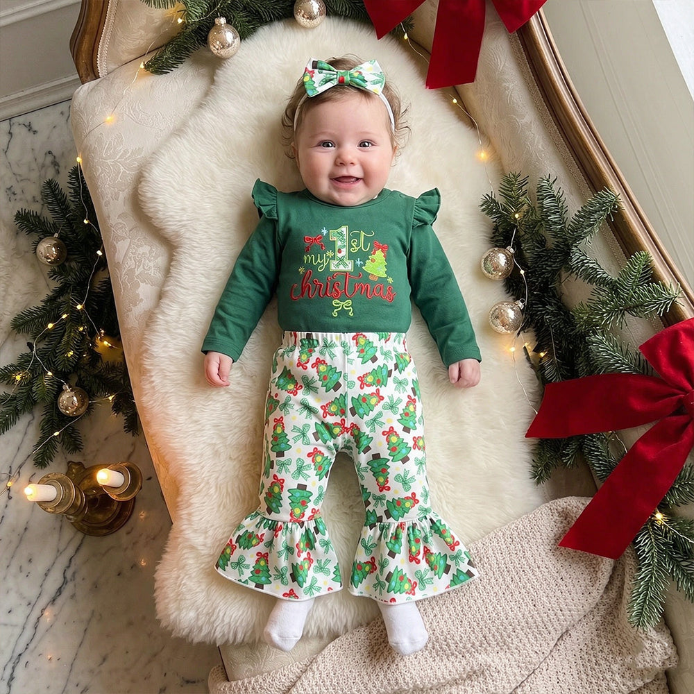 3PCS Sweet My 1st Christmas Tree Letter Embroidery Baby Set