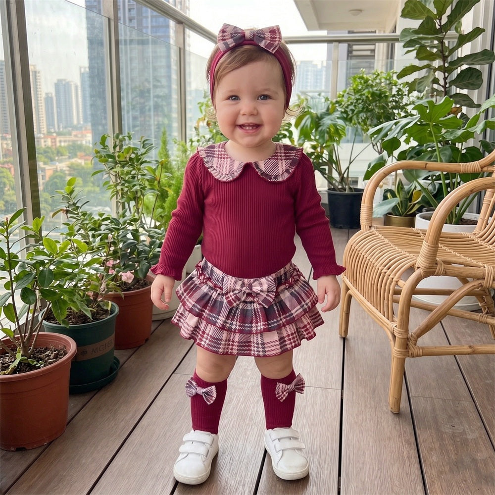 4PCS Adorable Plaid Print Long Sleeve Baby Girl Set