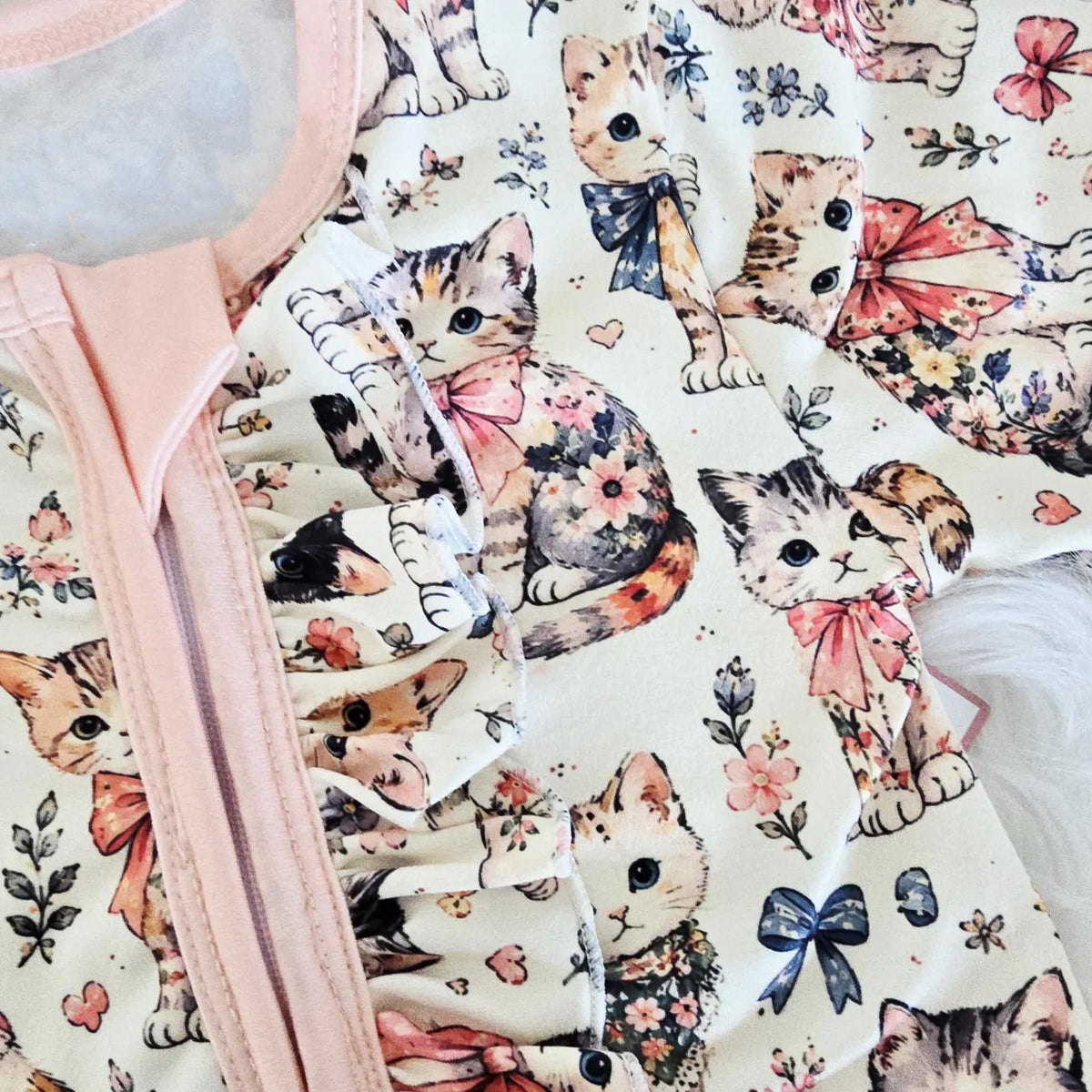 Lovely Cat and Floral Print Ruffle Zipper Long Sleeve Baby Girl Jumpsuit