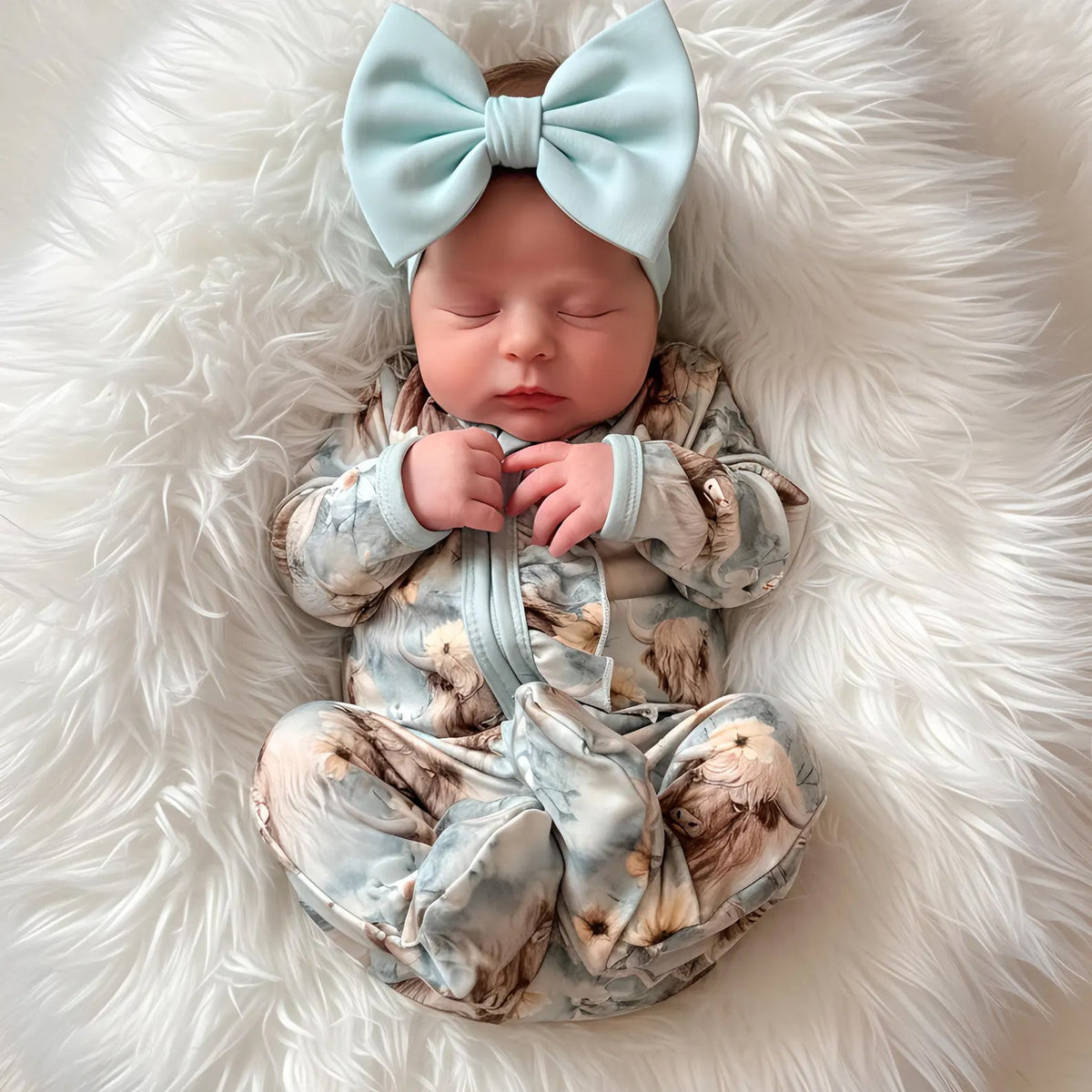 Western Highland Cow Floral Print Zipper Long Sleeve Baby Jumpsuit