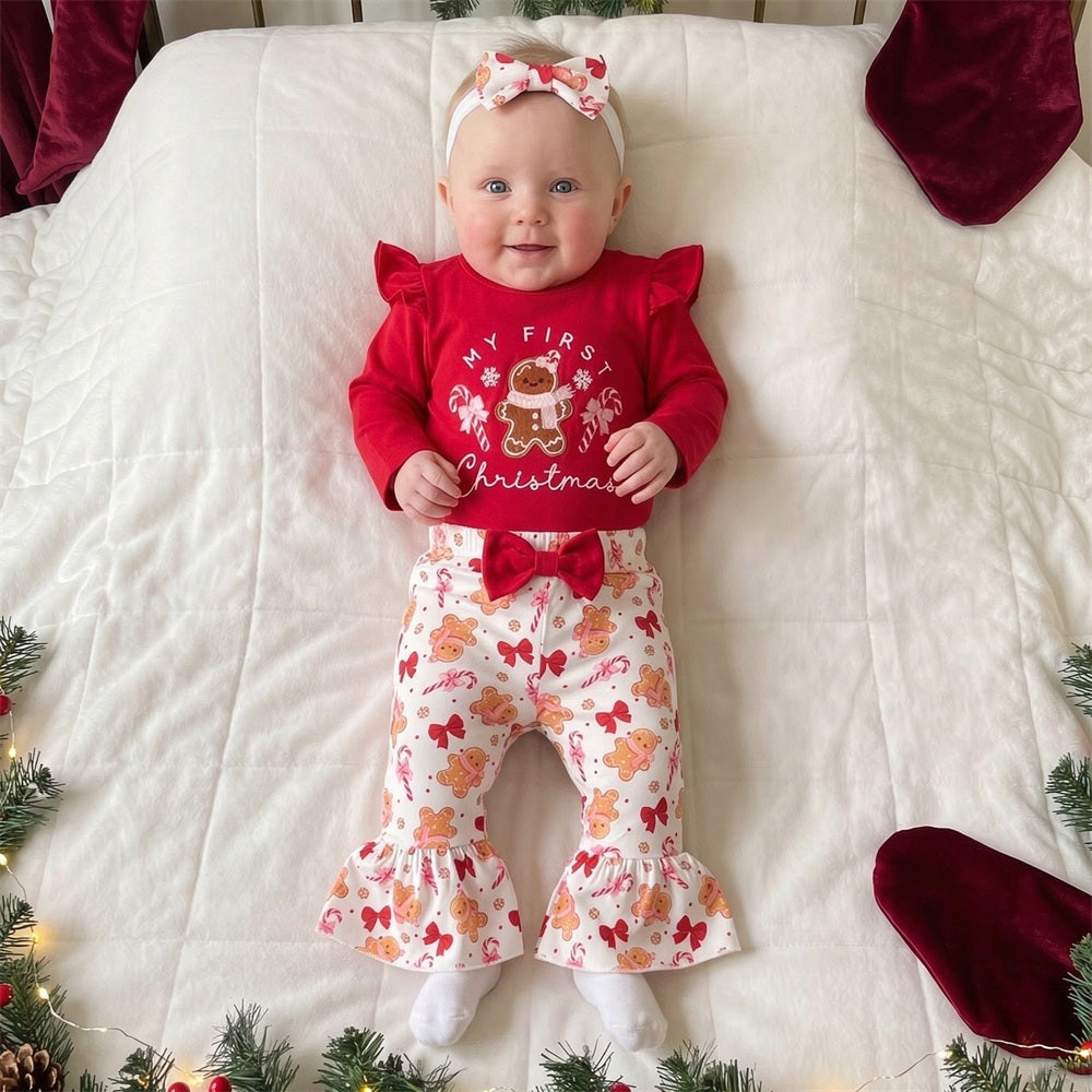 3PCS My First Christmas Letter Print Gingerbread Appliqué Baby Girl Set