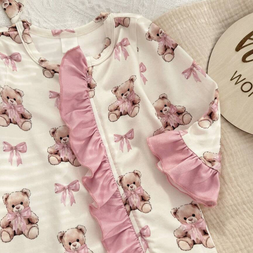 2PCS Gorgeous Bear Print Ruffle Zipper Baby Jumpsuit
