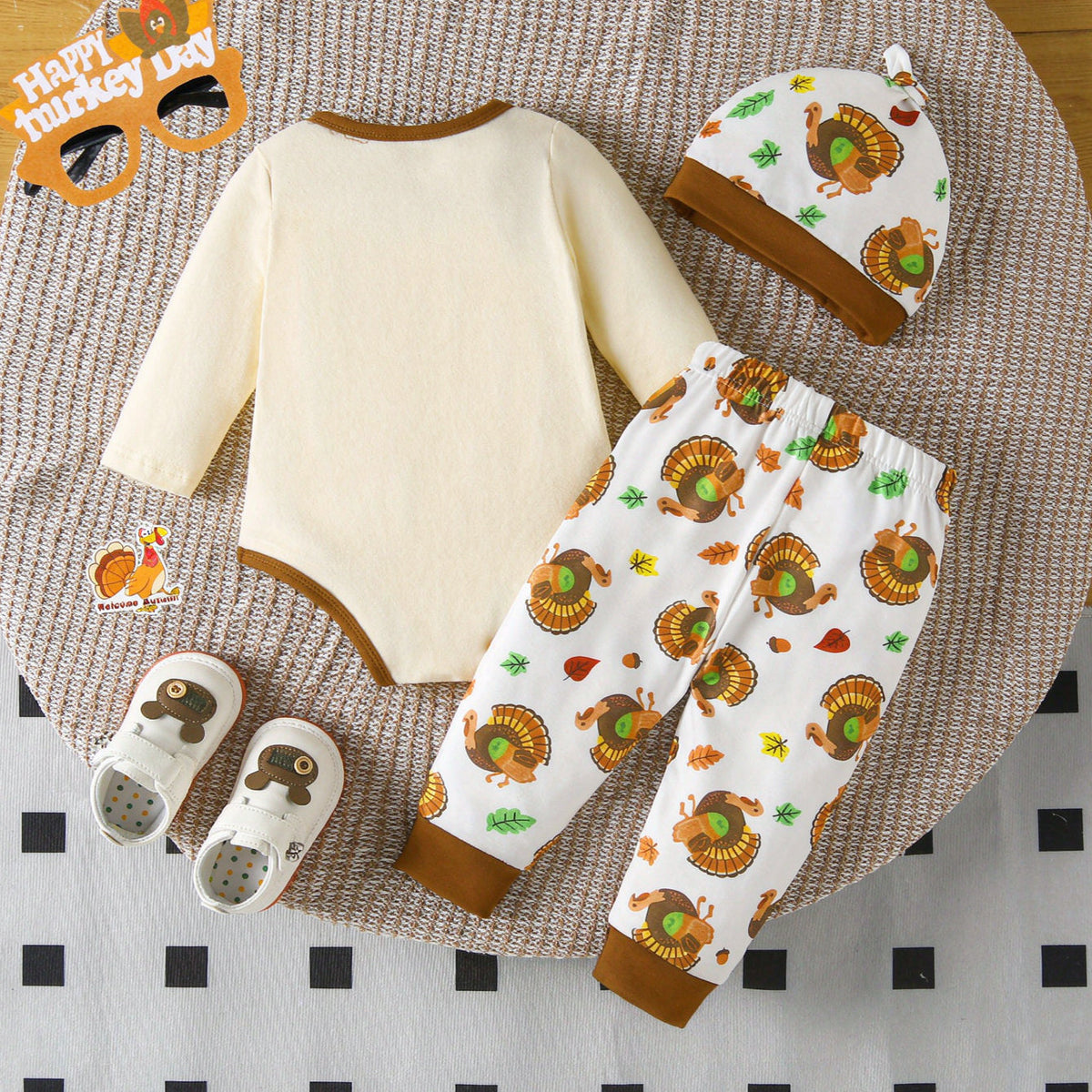 3PCS Cute My 1st Thanksgiving Letter Turkey Printed Baby Boy Set