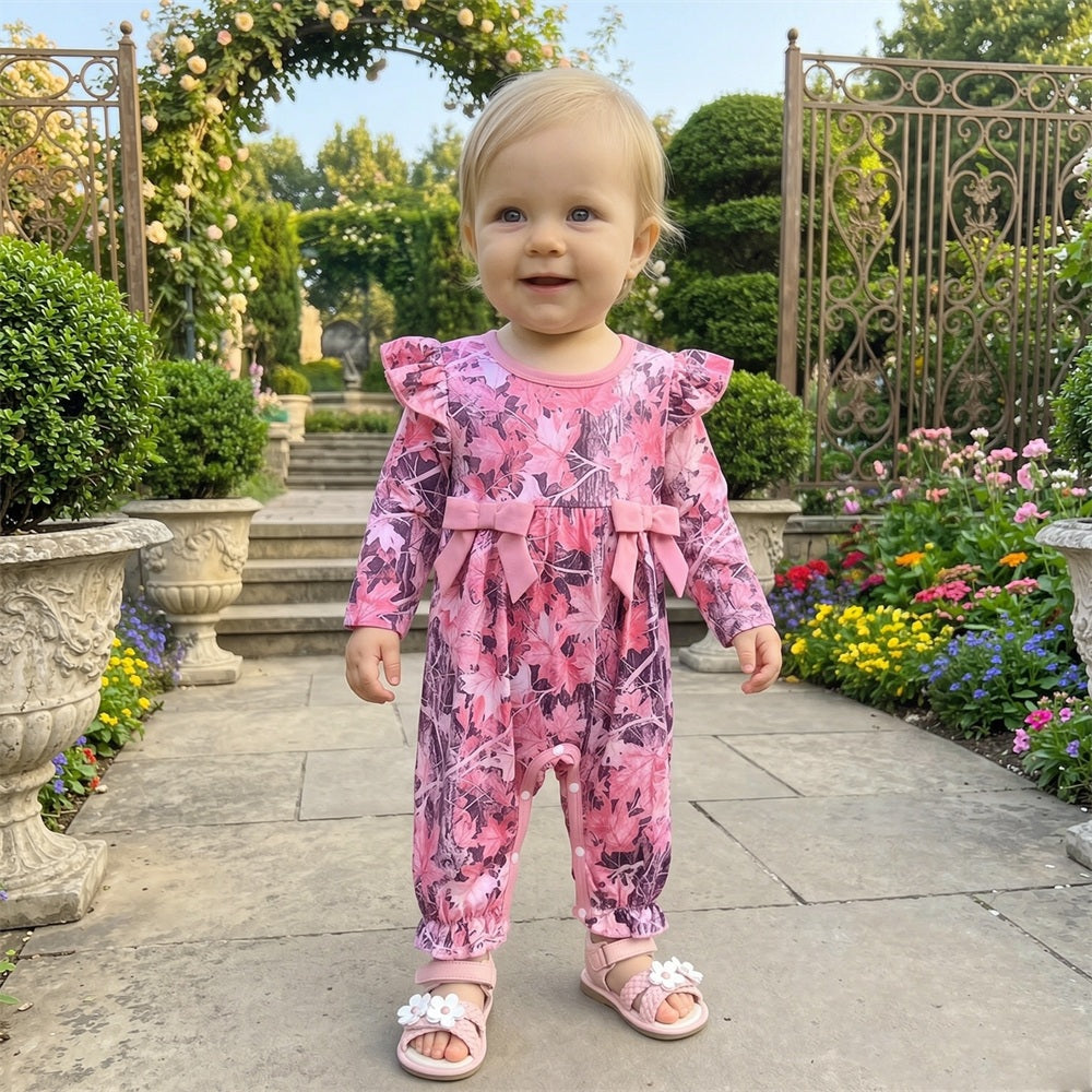 Exquisite Floral Print Ruffle Long Sleeve Baby Jumpsuit