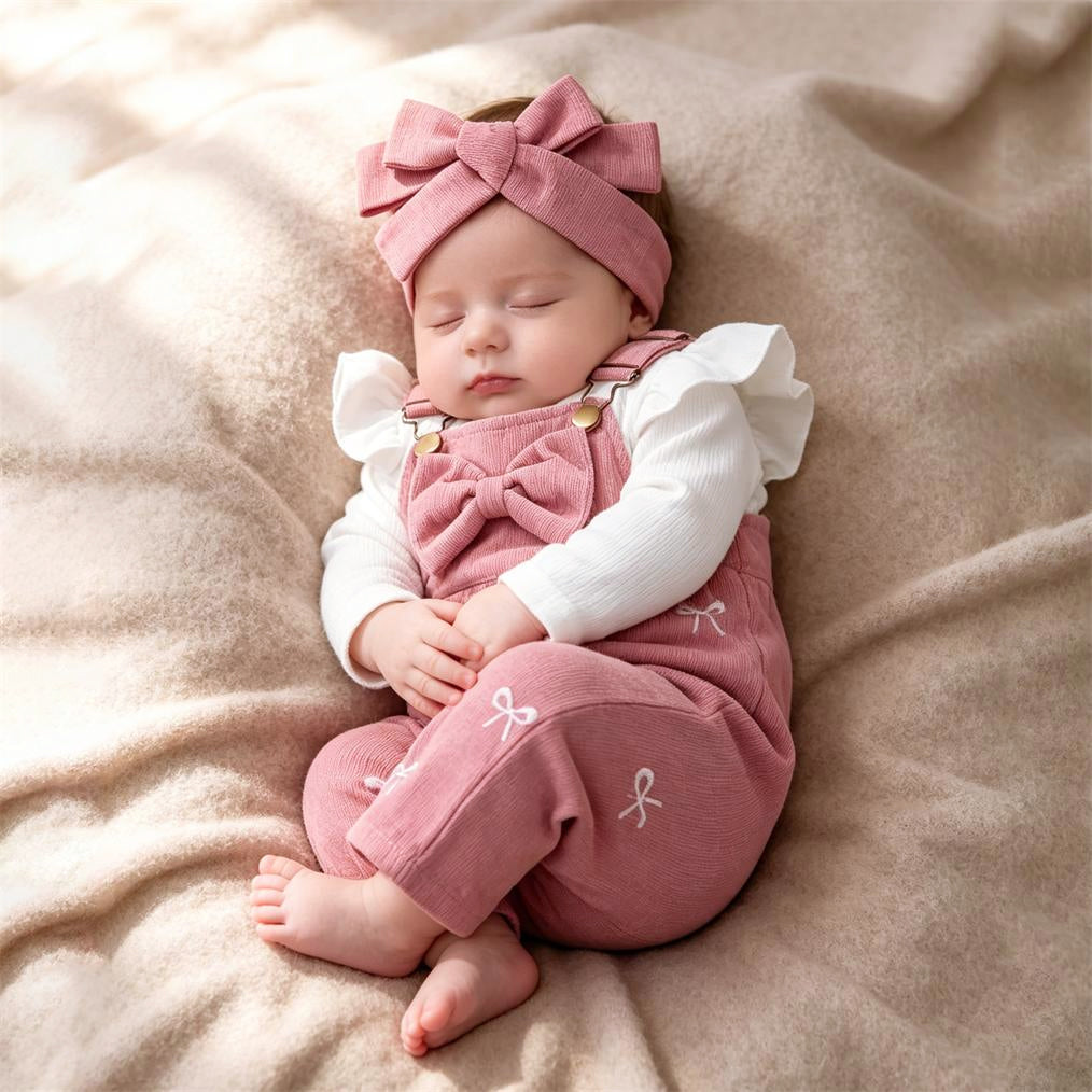 3PCS Sweet Bow Print Long Sleeve Baby Overalls Set
