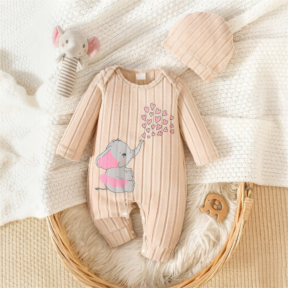 2PCS Lovely Elephant Print Long Sleeve Baby Jumpsuit
