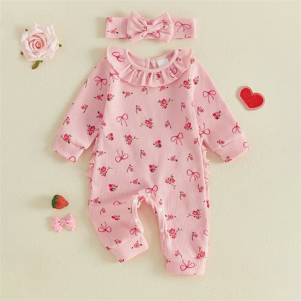 2PCS Sweet Floral Bow Printed Long Sleeve Baby Jumpsuit