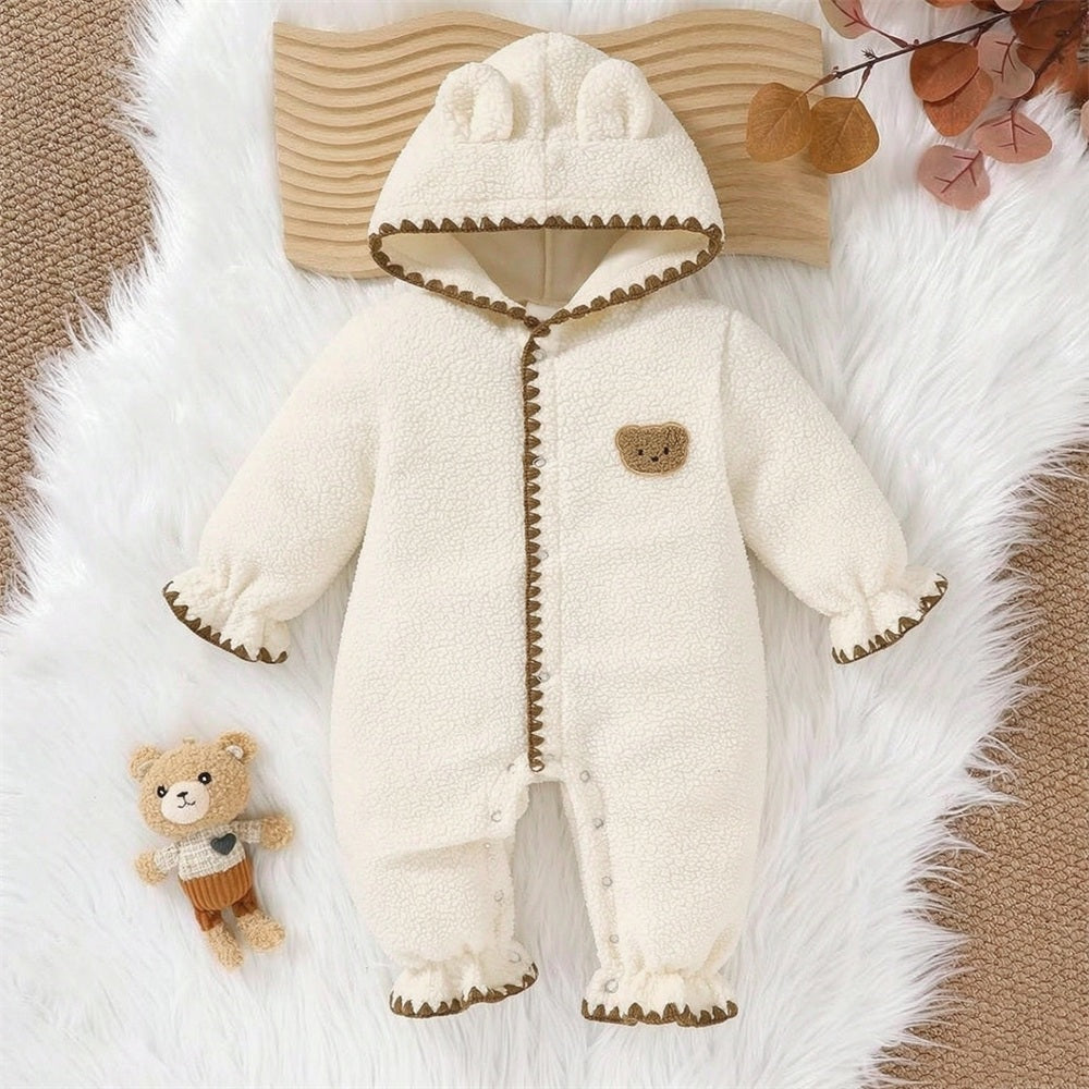Lovely Fuzzy 3D Bear Applique Long Sleeve Baby Jumpsuit