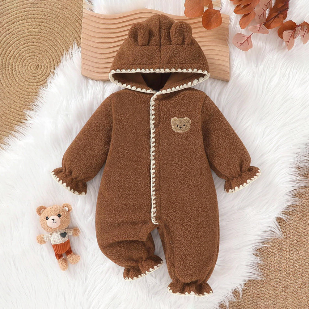 Lovely Fuzzy 3D Bear Applique Long Sleeve Baby Jumpsuit