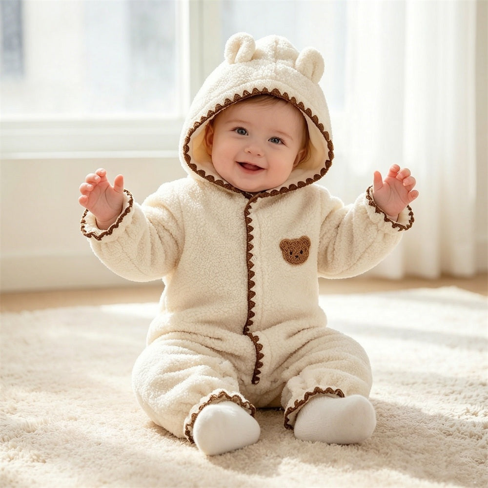 Lovely Fuzzy 3D Bear Applique Long Sleeve Baby Jumpsuit