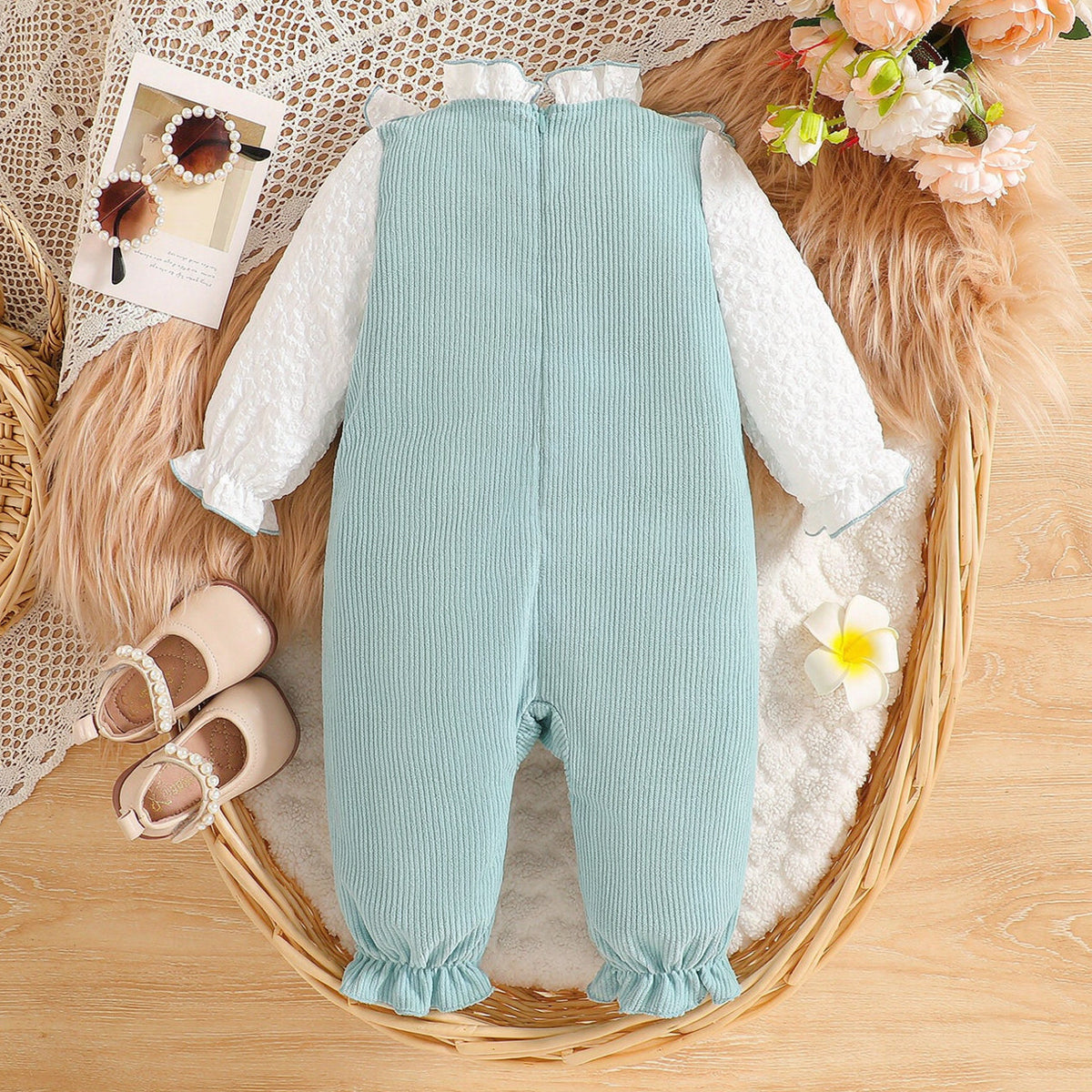 Sweet Color Block Ruffle Long Sleeve Baby Girl Jumpsuit
