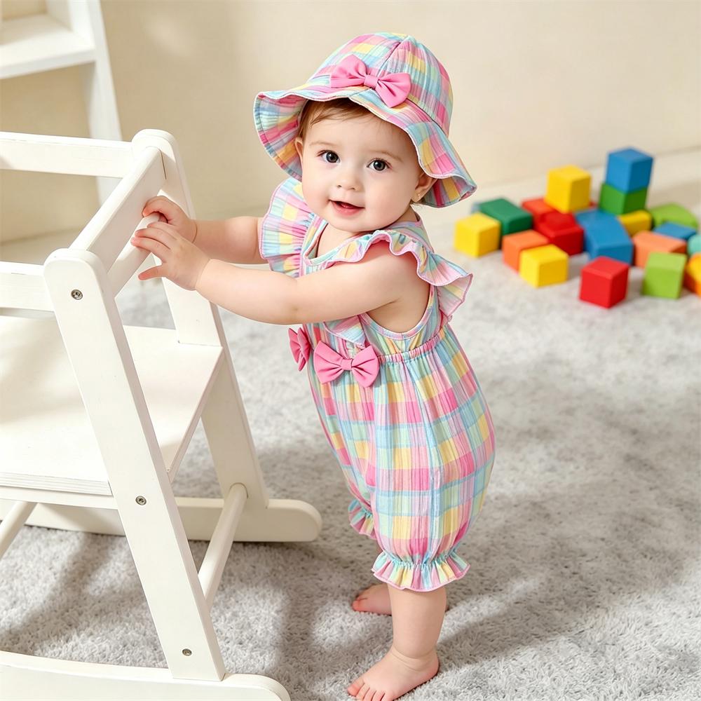 2PCS Pretty Plaid Printed Sleeveless Baby Jumpsuit