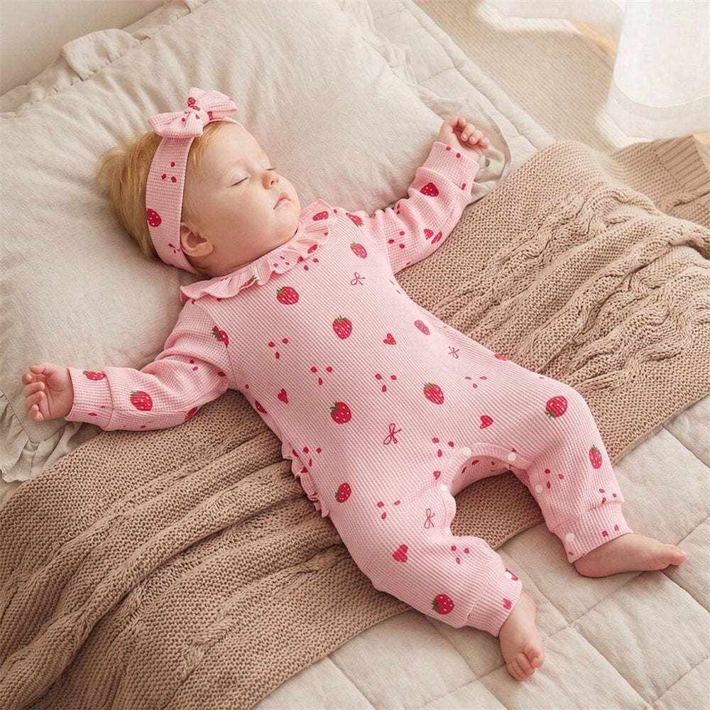 2PCS Pretty Strawberry Bow Printed Long Sleeve Baby Jumpsuit