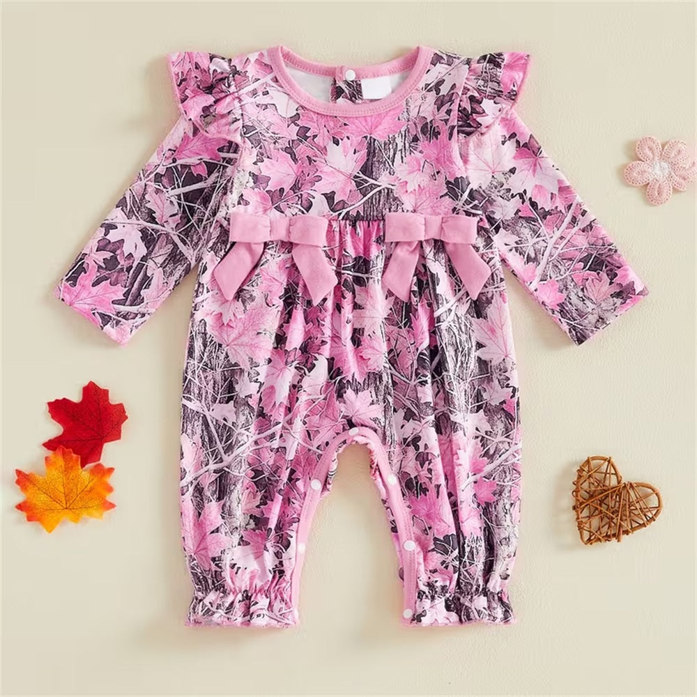Exquisite Floral Print Ruffle Long Sleeve Baby Jumpsuit