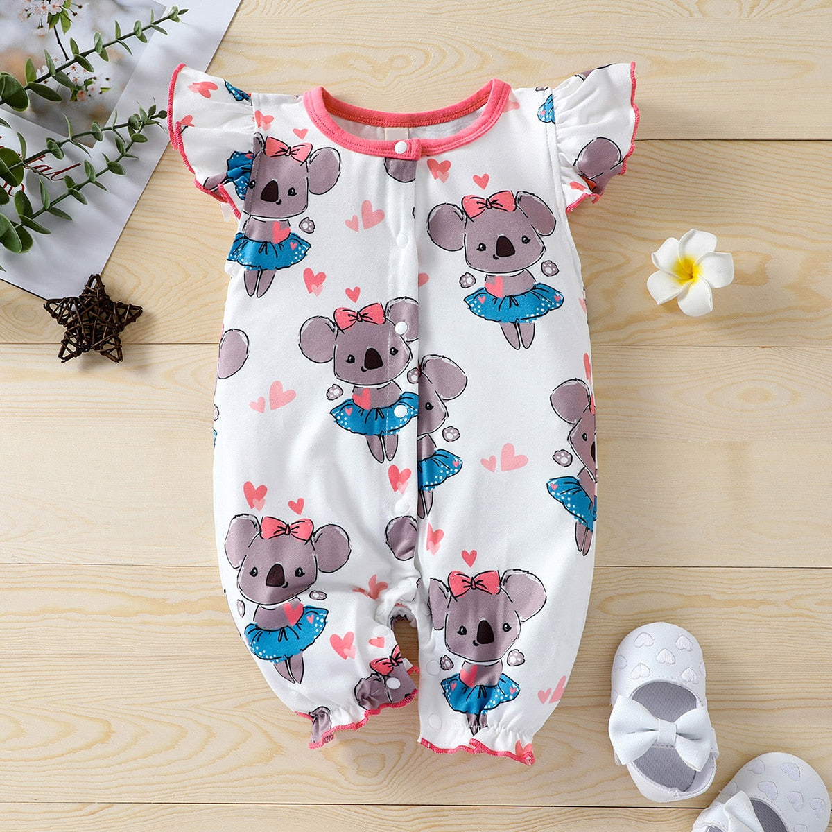 Cute Heart Koala Print Flutter Sleeve Baby Girl Jumpsuit