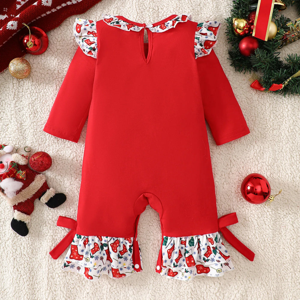 Sweet Xmas Tree Print Ruffle Long Sleeve Holiday Girl Jumpsuit