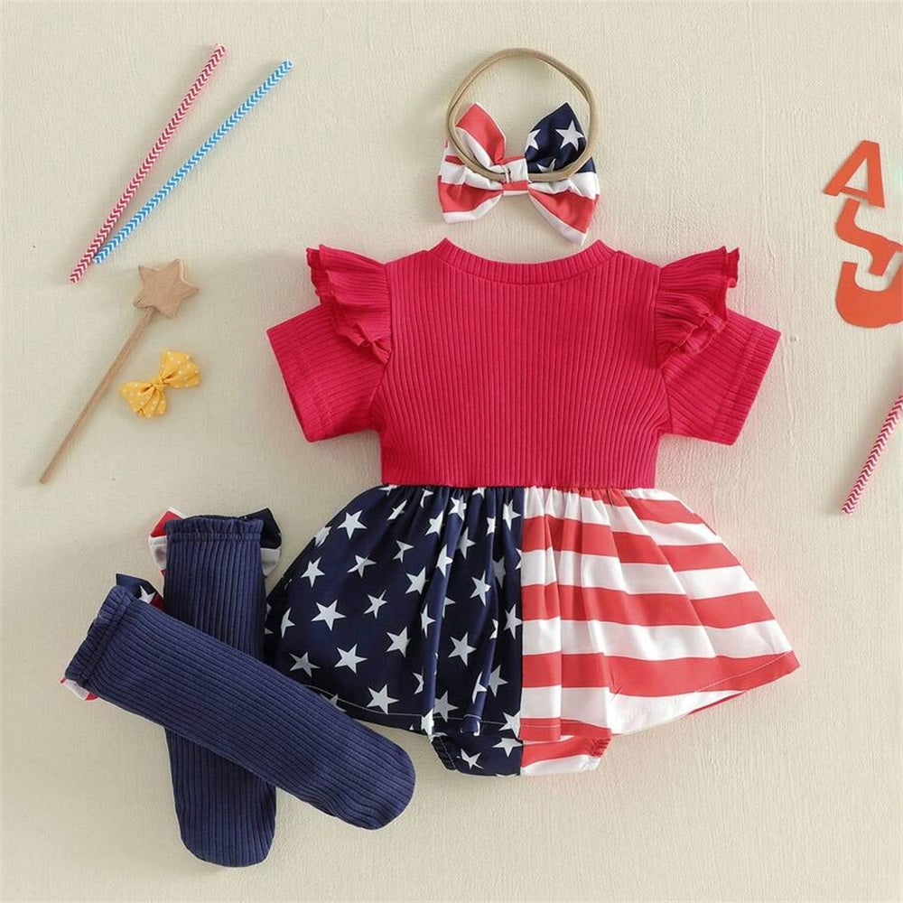 3PCS Star Stripe Printed Printed Ruffled Short Sleeve Baby Romper
