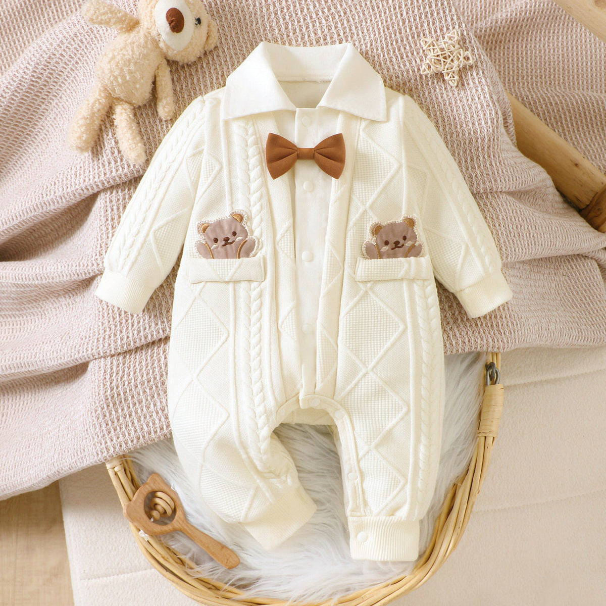 Cable Knit Rhombus Bear Embroidery Long Sleeve Baby Jumpsuit