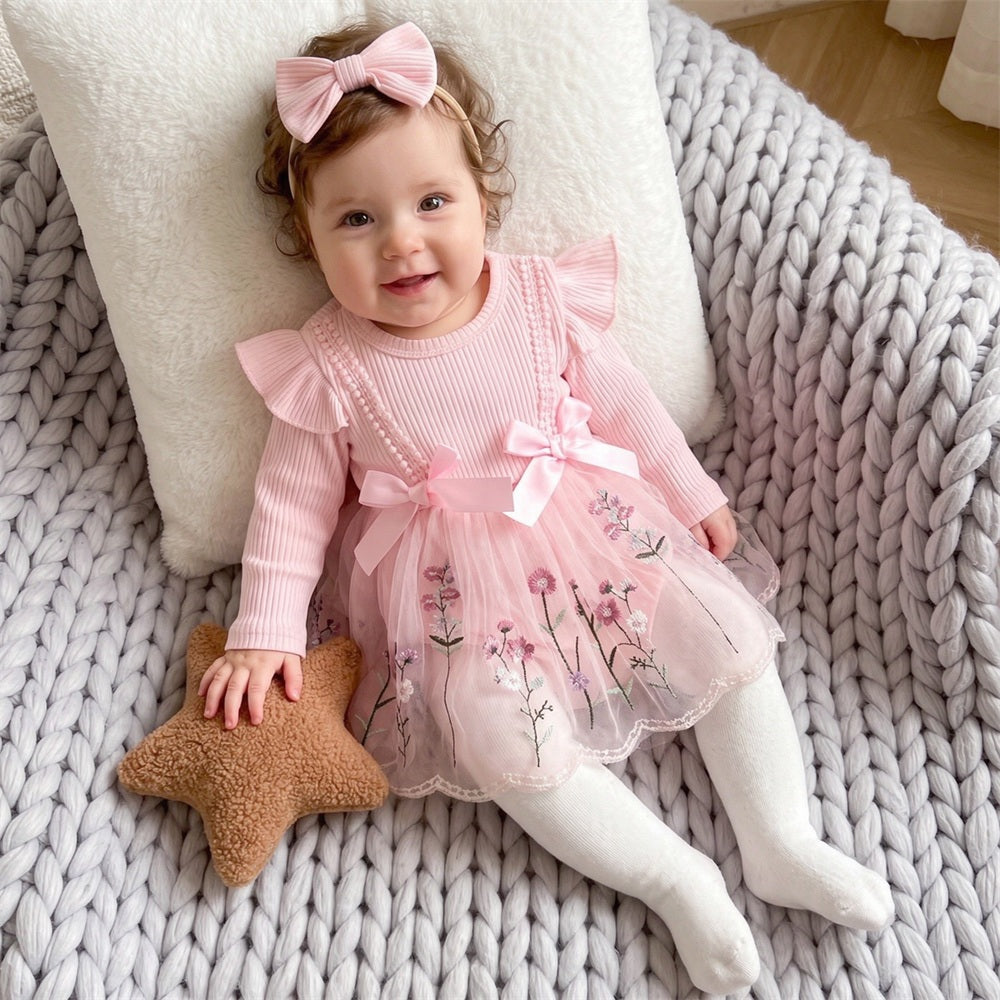 2PCS Delightful Floral Embroidery Mesh Long Sleeve Baby Romper
