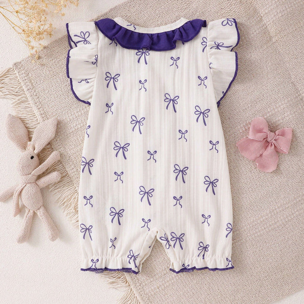 Sweet Allover Bow Print Flutter Sleeve Baby Girl Jumpsuit