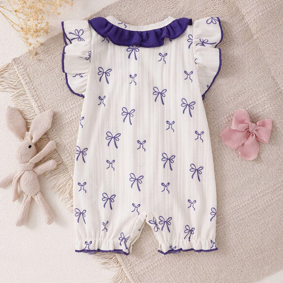 Sweet Allover Bow Print Flutter Sleeve Baby Girl Jumpsuit