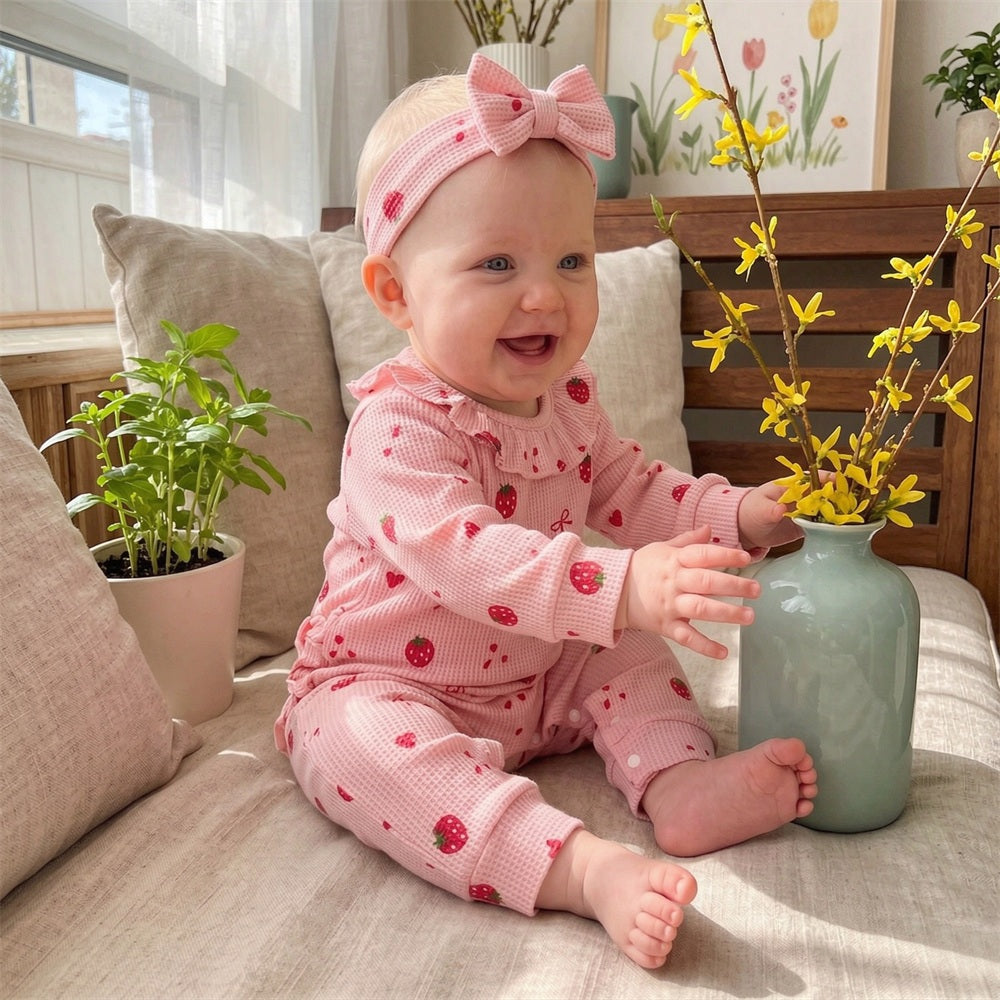 2PCS Pretty Strawberry Bow Printed Long Sleeve Baby Jumpsuit