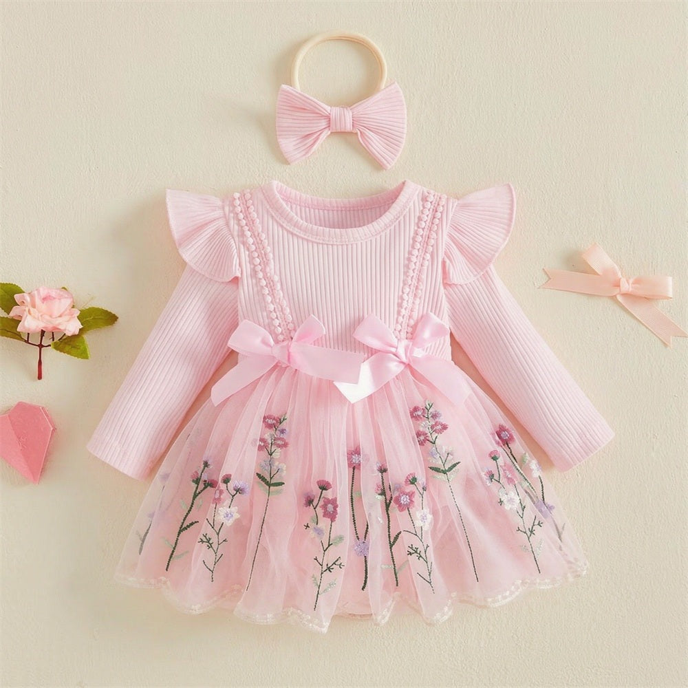2PCS Delightful Floral Embroidery Mesh Long Sleeve Baby Romper