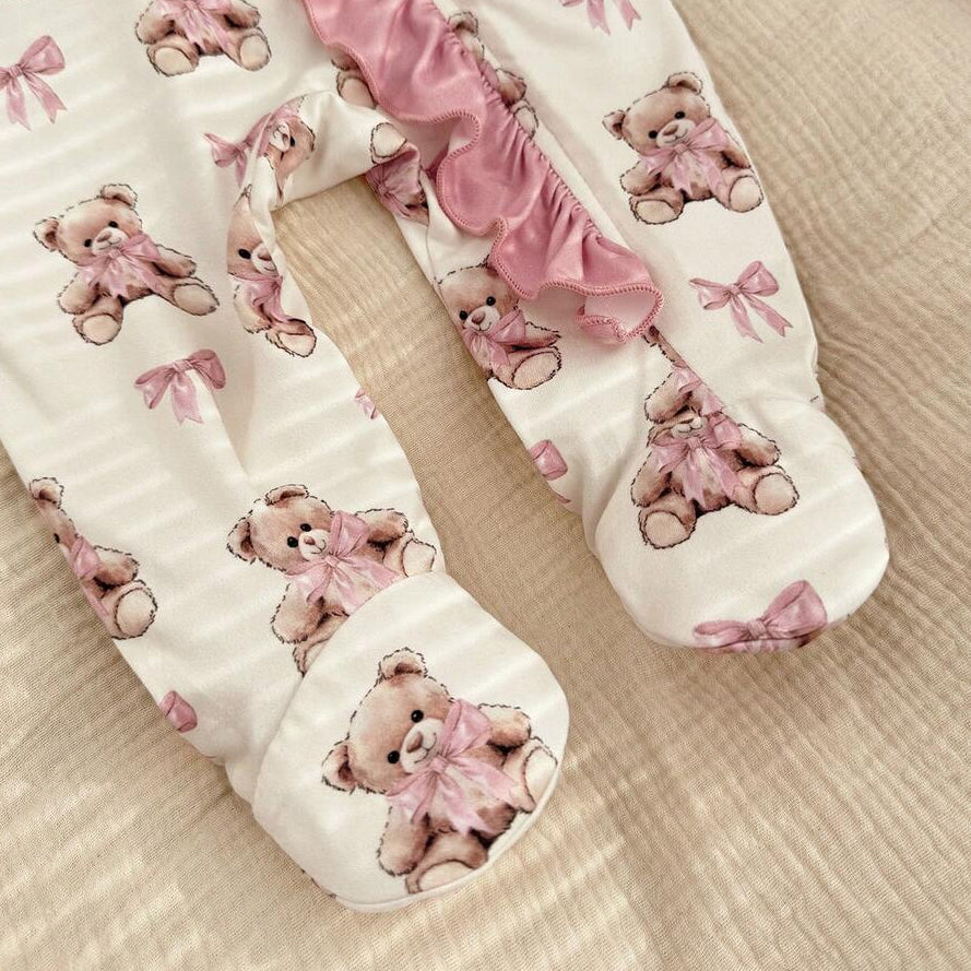 2PCS Gorgeous Bear Print Ruffle Zipper Baby Jumpsuit