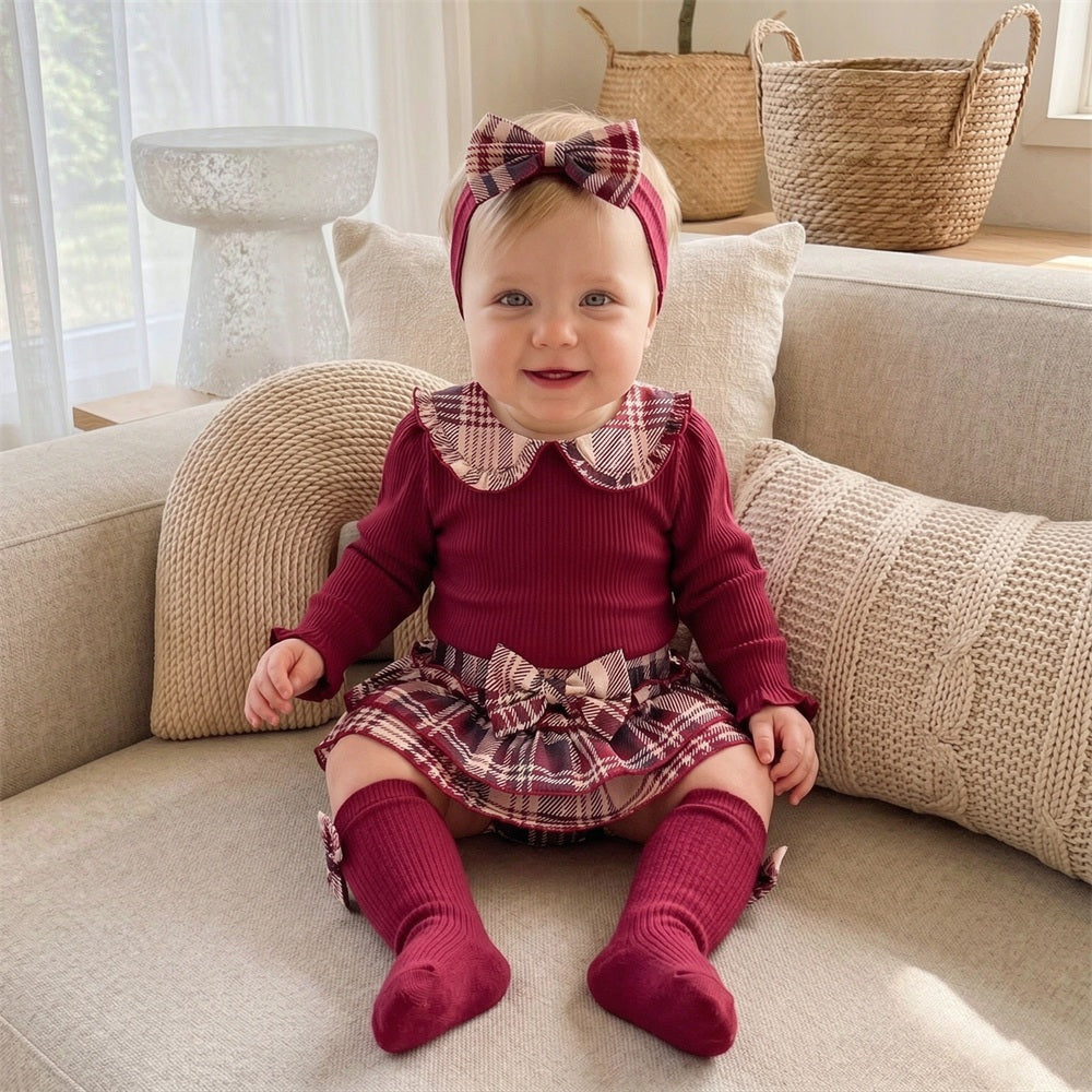 4PCS Adorable Plaid Print Long Sleeve Baby Girl Set