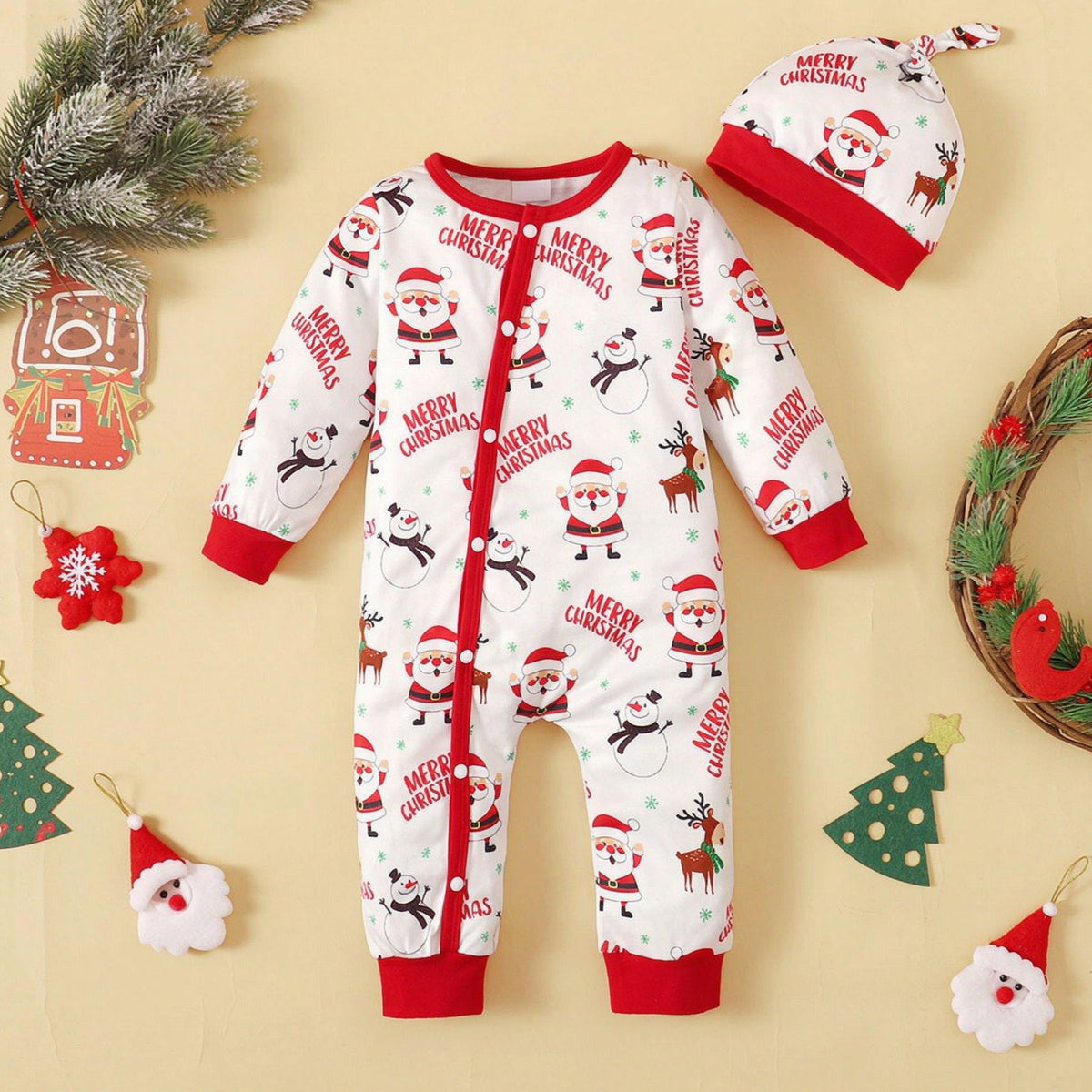 2PCS Cute Letter and Holiday Print Baby Christmas Jumpsuit