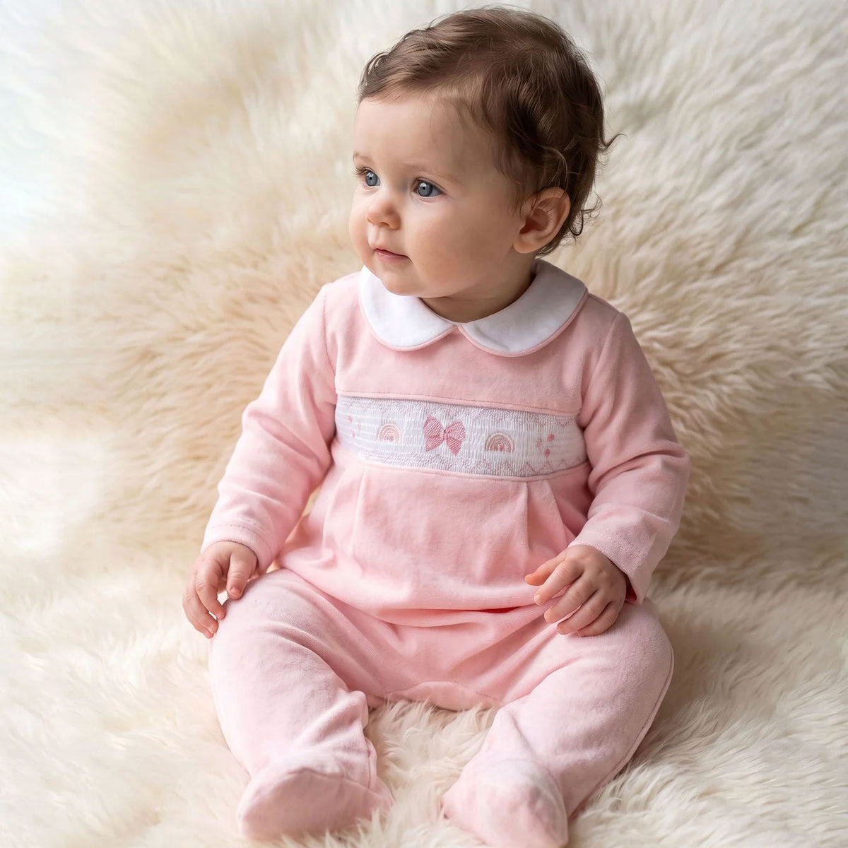 Lovely Bow Embroidery Long Sleeve Velvet Baby Jumpsuit