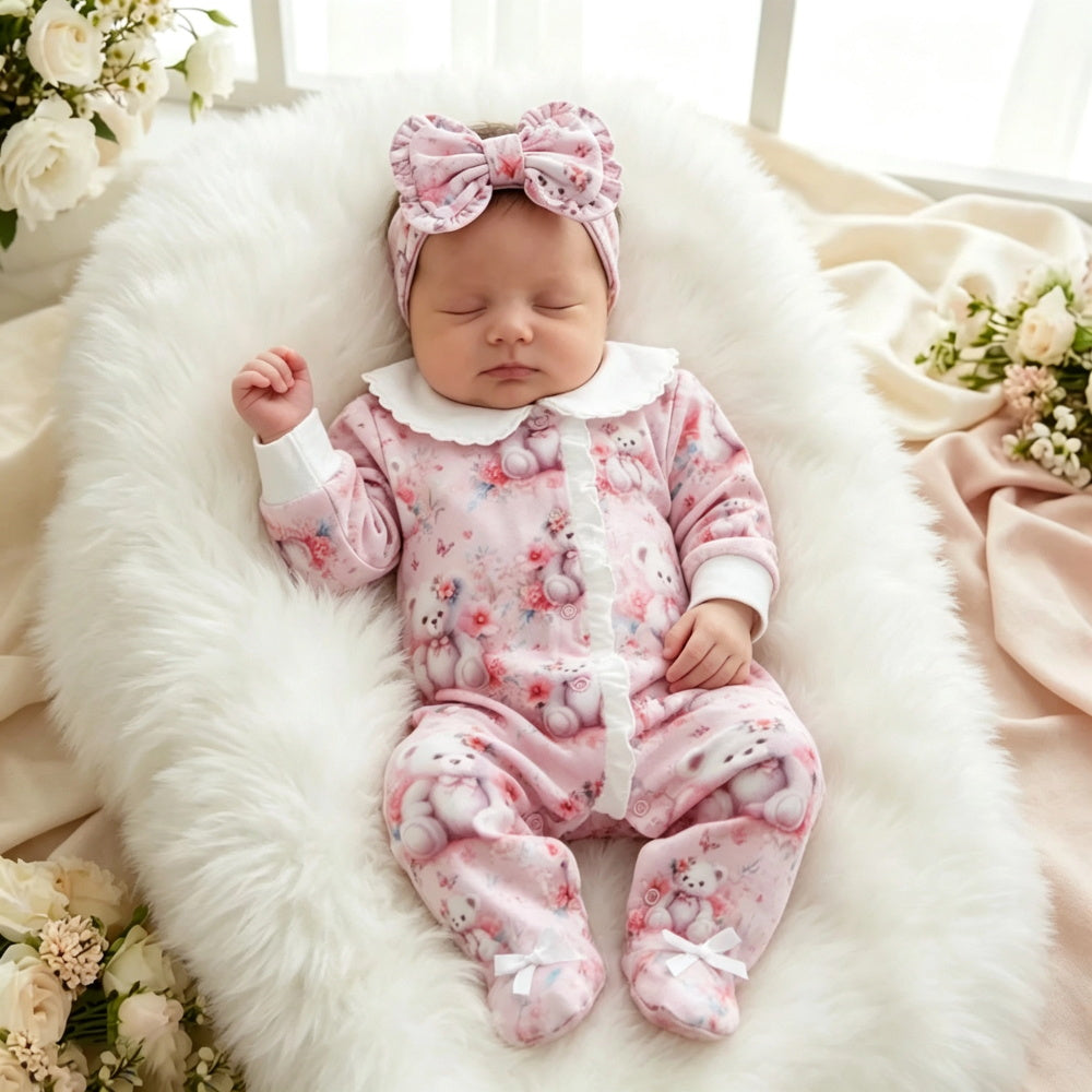 2PCS Lovely Teddy Bear Floral Print Long Sleeve Baby Jumpsuit