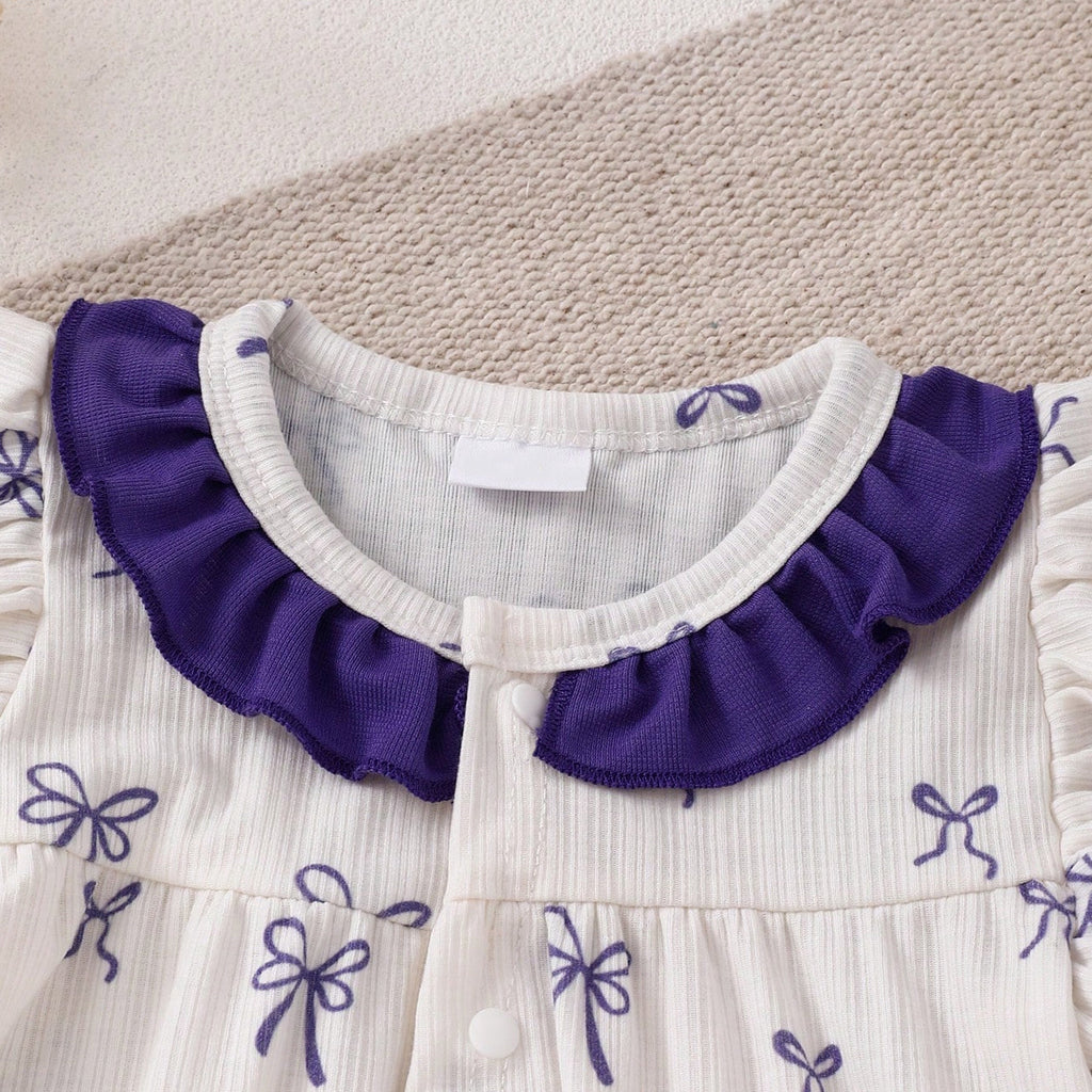 Sweet Allover Bow Print Flutter Sleeve Baby Girl Jumpsuit