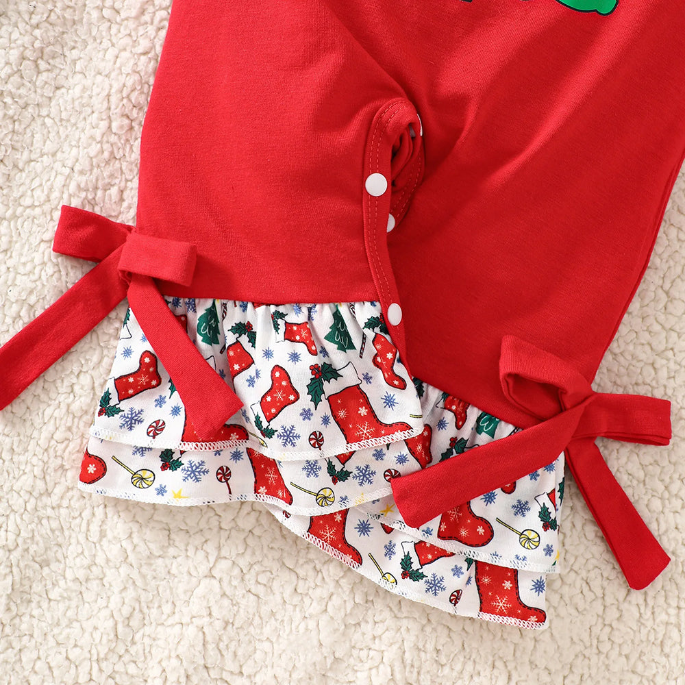 Sweet Xmas Tree Print Ruffle Long Sleeve Holiday Girl Jumpsuit