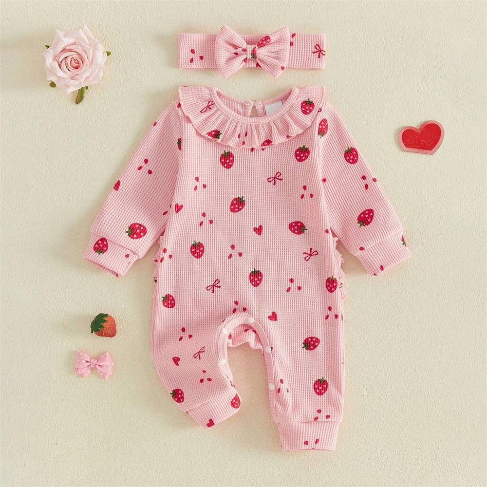 2PCS Pretty Strawberry Bow Printed Long Sleeve Baby Jumpsuit
