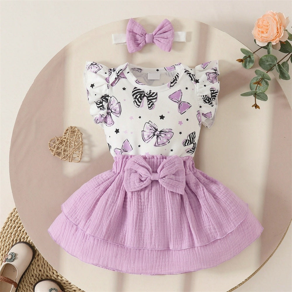 3PCS Grace Bow Printed Flutter Sleeve Baby Set