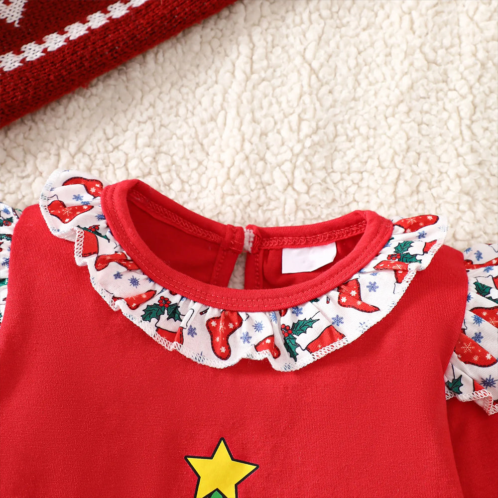 Sweet Xmas Tree Print Ruffle Long Sleeve Holiday Girl Jumpsuit