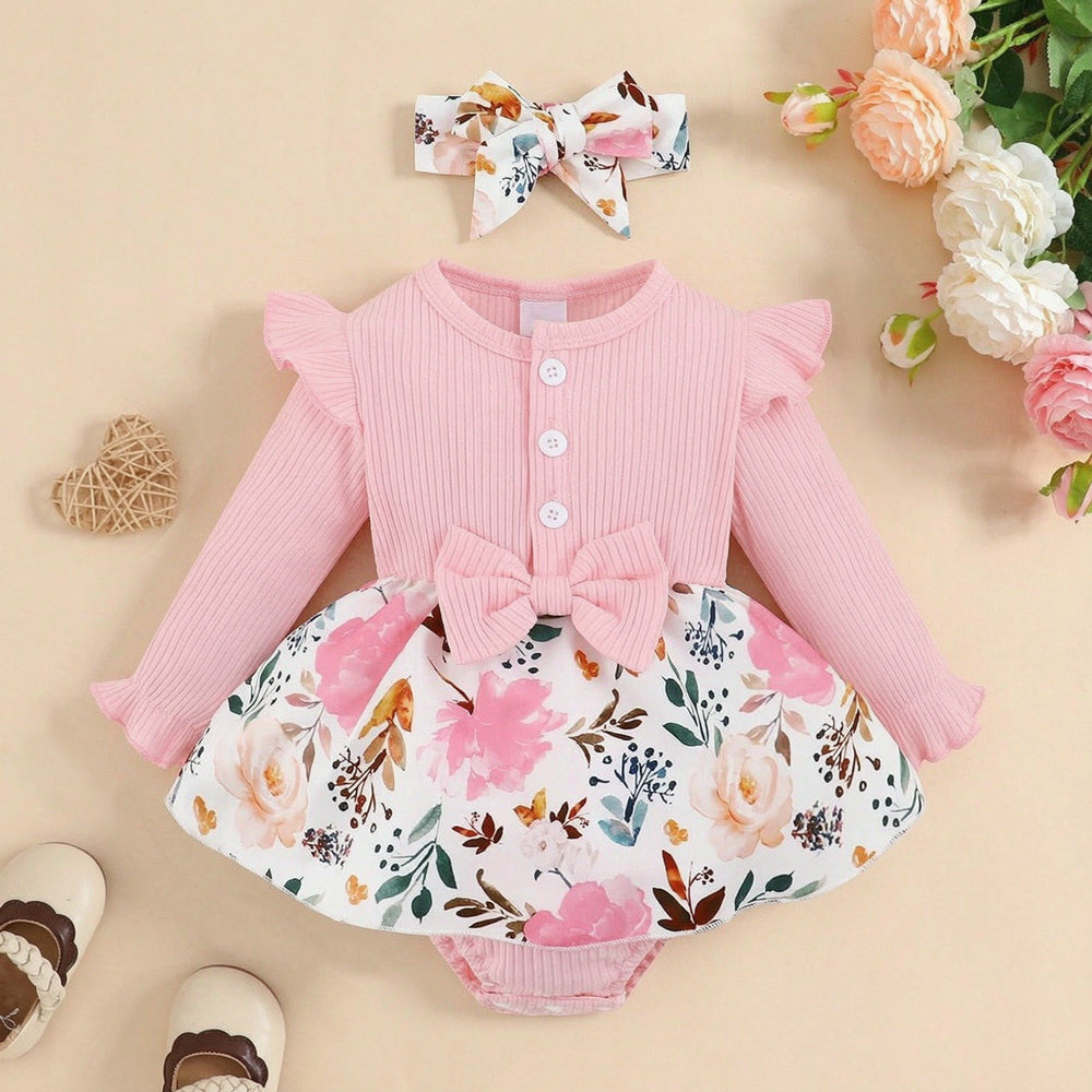 2PCS Pretty Floral Print Bow Long Sleeve Baby Girl Romper