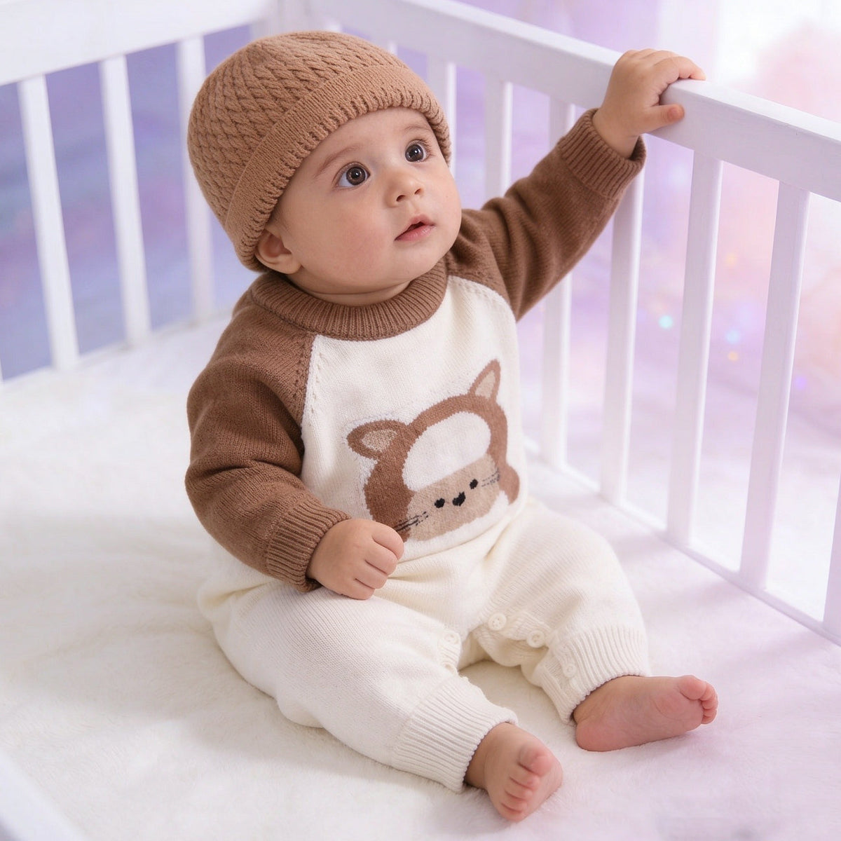 2PCS Cartoon Lamb Print Knit Long Sleeve Baby Jumpsuit